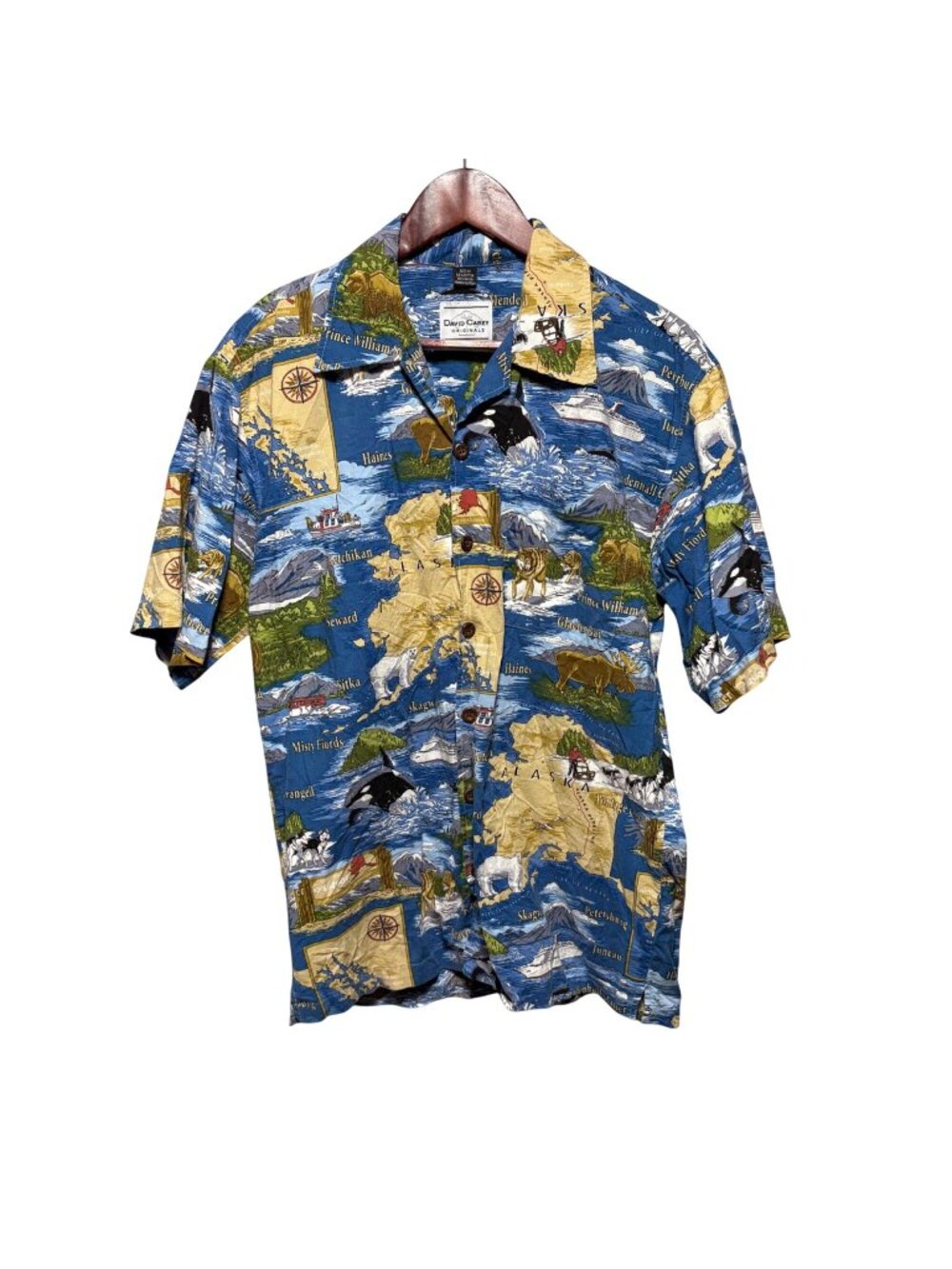David Carey Originals Alaska Map Print Hawaiian Shirt M Short Sleeve Button-Up